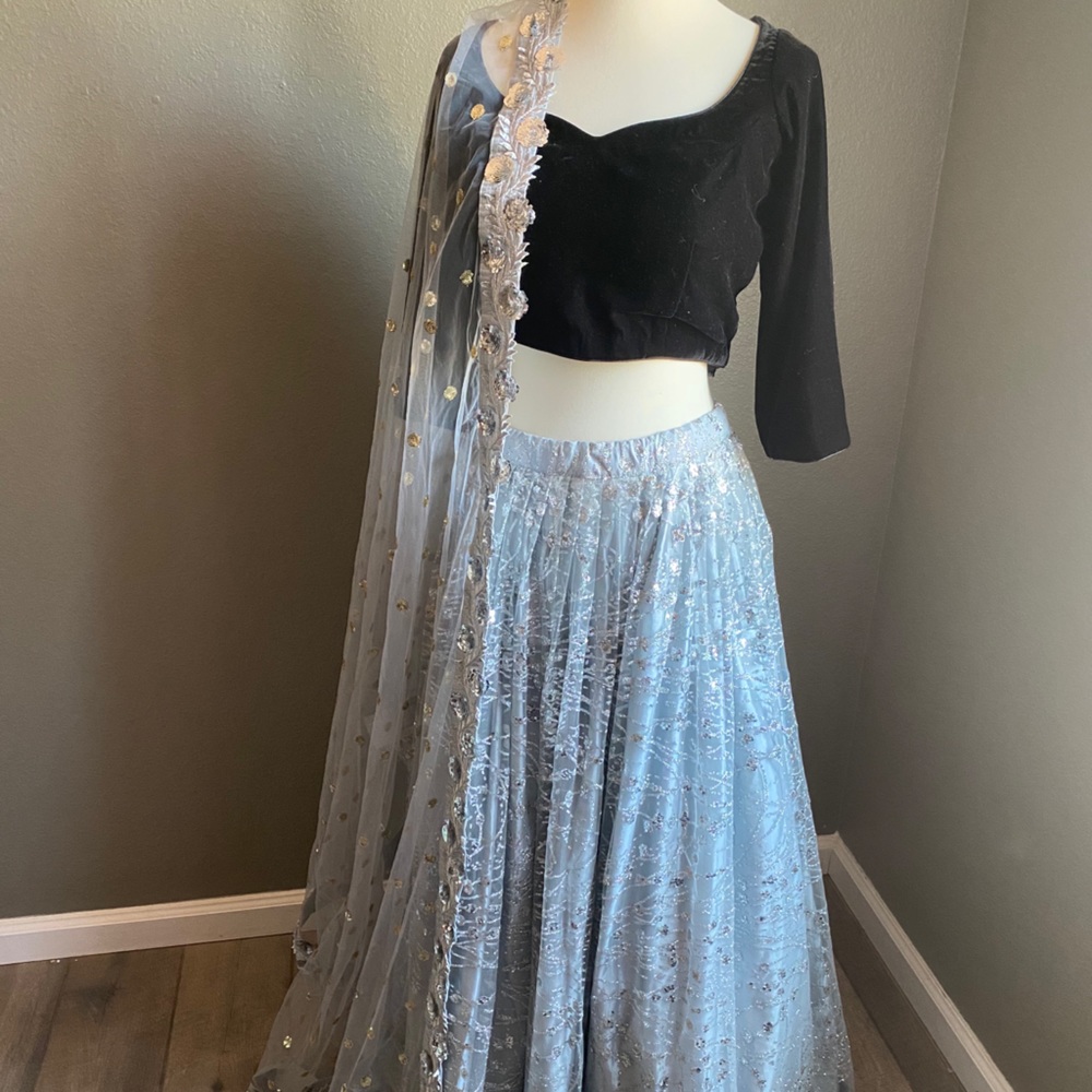 French blue lehenga  with net dupatta